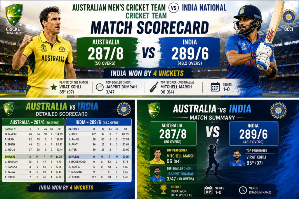 Hero image: Australia men’s cricket team vs India national cricket team match scorecard and players during a cricket match
ODI section: Australia vs India ODI match at Sydney Cricket Ground with Rohit Sharma batting
T20I section: Australia vs India T20I match with Indian and Australian players competing
Scorecard graphic: Australia vs India cricket match scorecard showing team totals, wickets and overs
