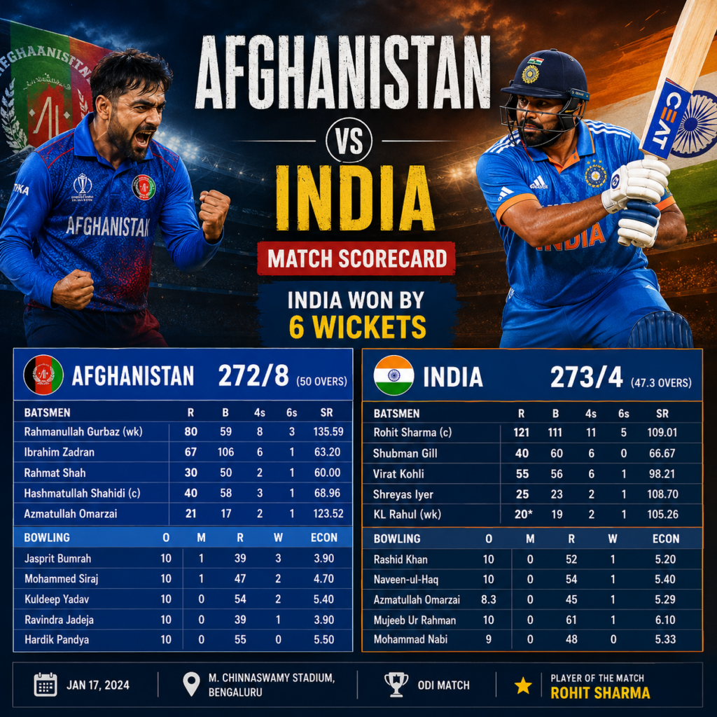 Afghanistan vs India 2026 cricket match scorecard showing team totals and result
India vs Afghanistan ODI scorecard from the 2026 Lucknow match
Afghanistan national cricket team vs India national cricket team Test scorecard
India Afghanistan 2026 ODI series results and match scorecard
