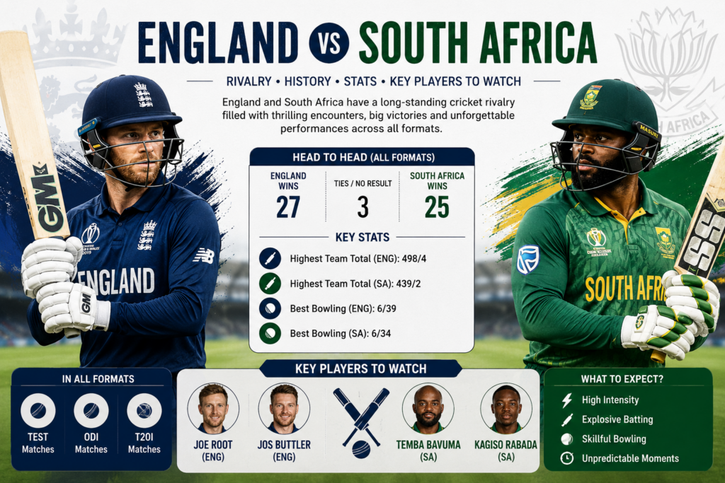 England vs South Africa cricket match with players competing on the field
England cricket team facing South Africa fast bowlers during an international match
England vs South Africa World Cup cricket rivalry
England and South Africa players during a competitive cricket match