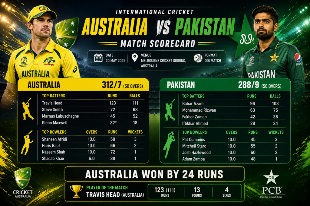 Australia vs Pakistan 3rd ODI 2026 match scorecard at Gaddafi Stadium
Shaheen Shah Afridi celebrating wickets against Australia in 3rd ODI
Babar Azam batting during Pakistan vs Australia ODI match
Pakistan players celebrating four-wicket victory over Australia
