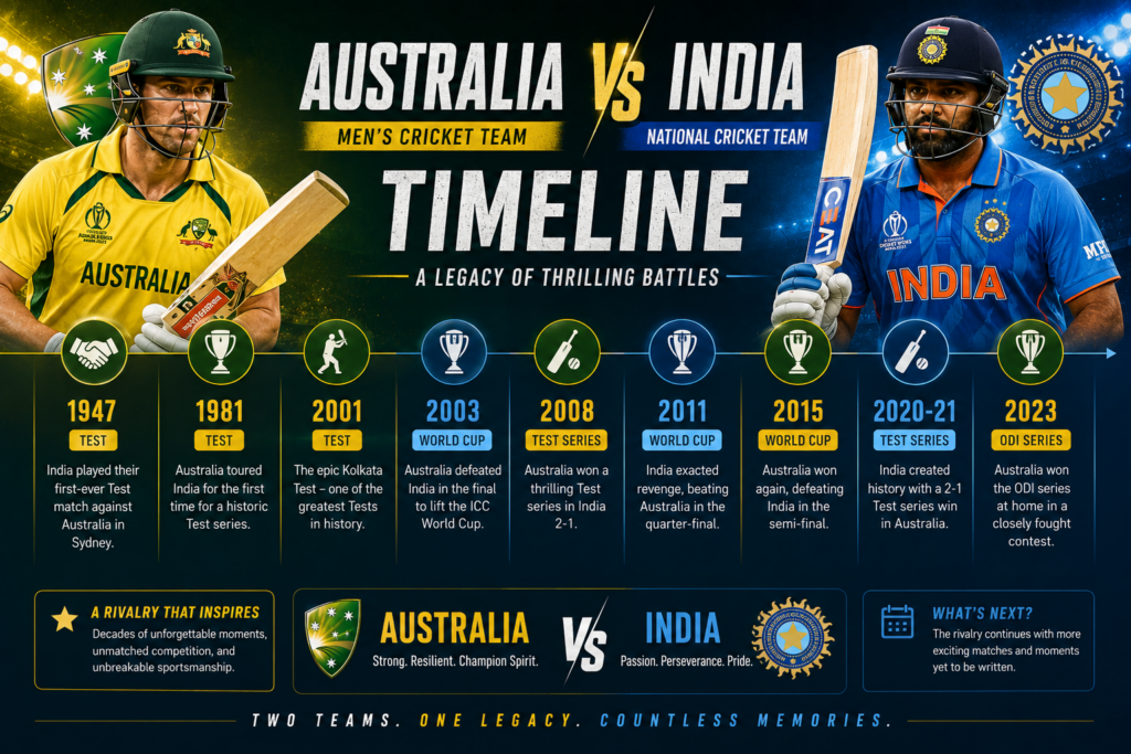 Australian men's cricket team vs India national cricket team timeline
Australia vs India cricket rivalry timeline featuring major Test and World Cup moments
India and Australia players competing in a Border-Gavaskar Trophy Test match
Australia vs India World Cup final cricket rivalry