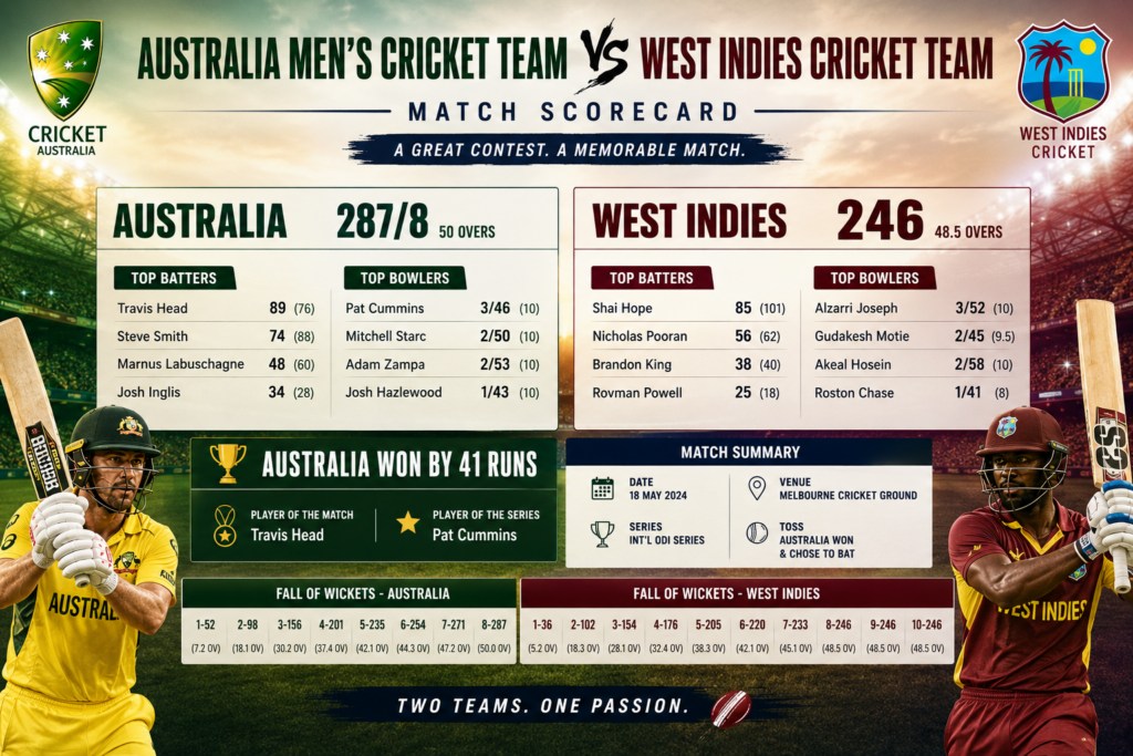 Australian men's cricket team vs West Indies cricket team match scorecard 2025
Mitchell Starc celebrating six wickets against West Indies in Kingston
Australia vs West Indies 3rd Test scorecard at Sabina Park
Scott Boland celebrating his Test hat-trick against West Indies